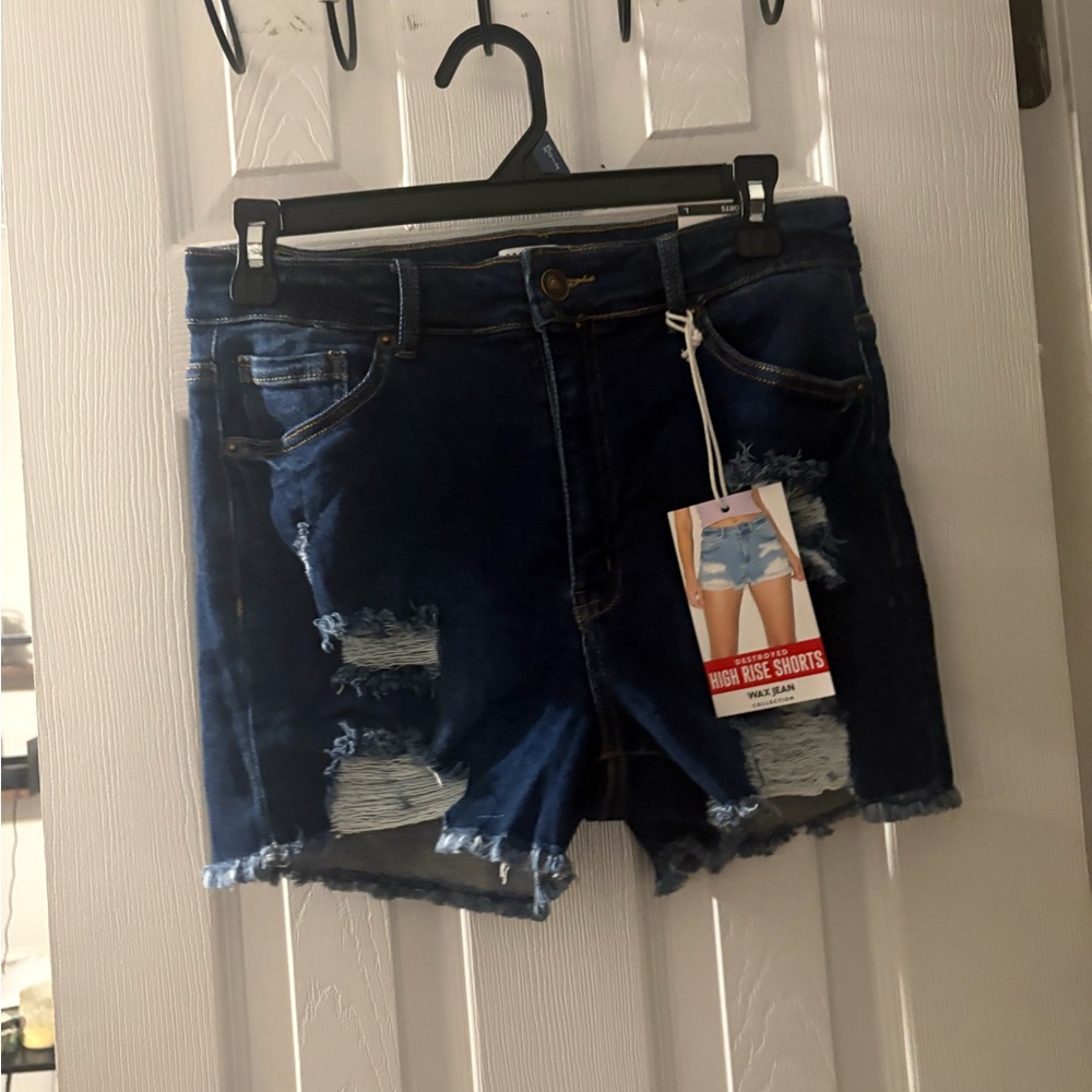 Wax Jean High Waist Dark Blue Distressed Shorts